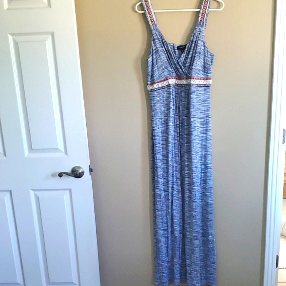 Spense Blue and White Maxi Dress with Red Trim